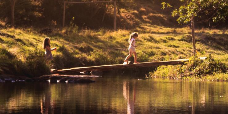 children crossing a bridge on a lake