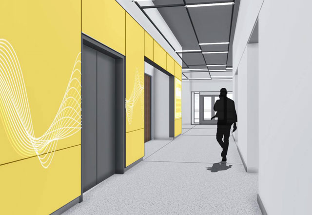 architectural rendering of lobby elevator area in Speech and Hearing Science Building
