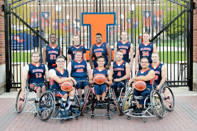 The 2016-17 wheelchair basketball men's team poses in front of Grange Grove. Several alumni contributed to a legacy scholarship to support current wheelchair basketball athletes. 
